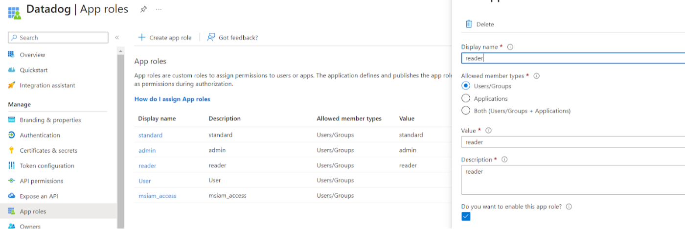 Roles in the application registration