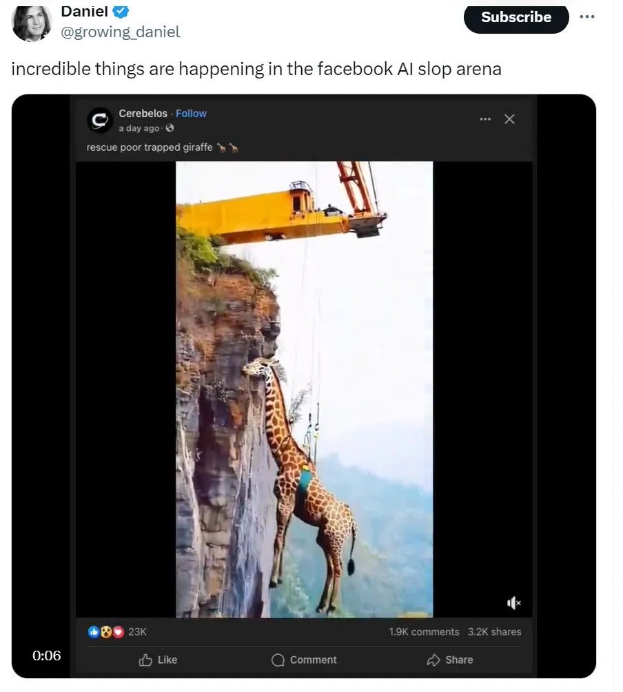 Fake giraffe video from Facebook. Credits in image