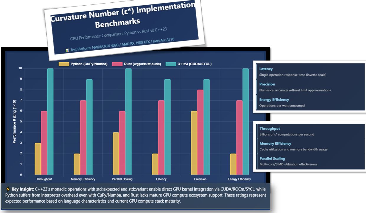 Figure 3. Curvature numbers implemented in different languages. Sources: The author’s own experimental data, Nvidia CUDA, AMD ROCm, PyTorch Ext. Chart by the author, generated in Python with Matplotlib (pyplot).