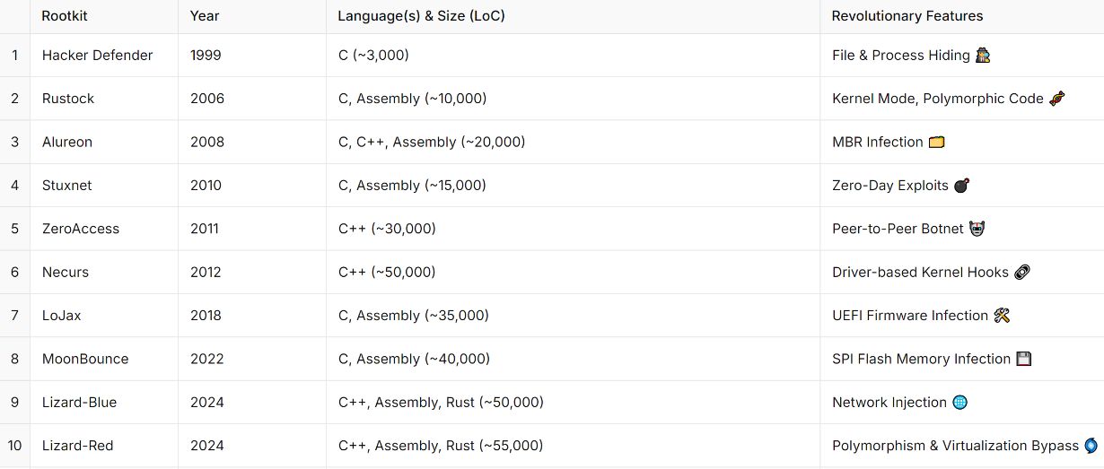 The table shows the progression of rootkits over time, highlighting their revolutionary features, the programming languages used, and their code size.