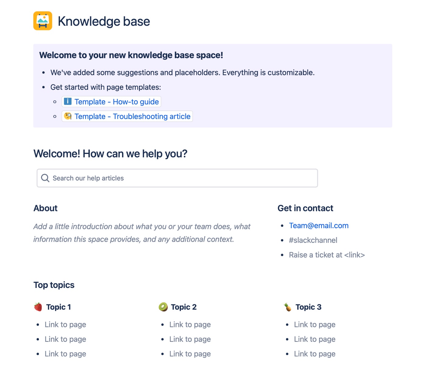 Default Knowledge Base Template in Atlassian Confluence