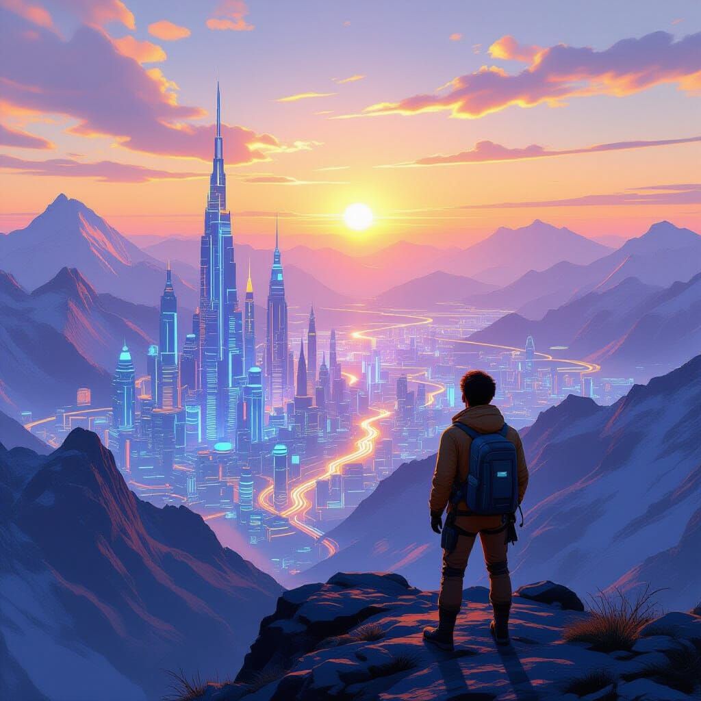 The same explorer now stands on a high mountain, looking down at a futuristic city at sunrise. The entire city is built ...