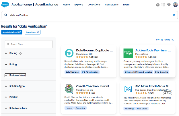Search for data verification tools on AppExchange