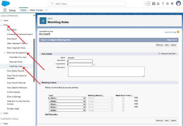 Creating a new Matching Rule in Setup