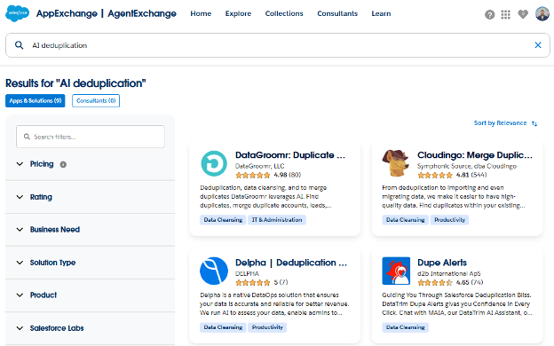 Search results for ‘AI deduplication’ app on AppExchange