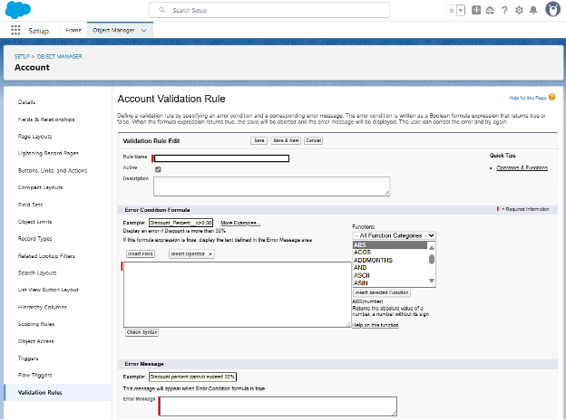 Creating a new Validation Rule in Setup
