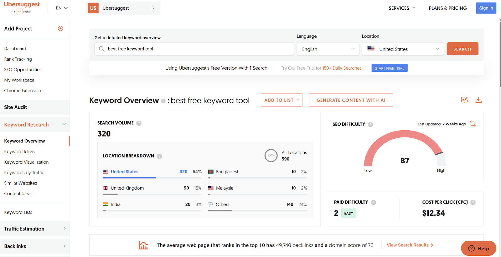 Ubersuggest keyword research tool
