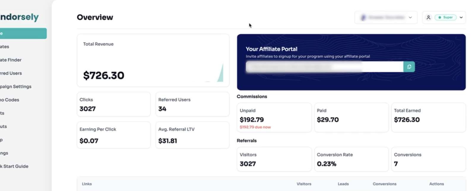 Endorsely affiliate dashboard