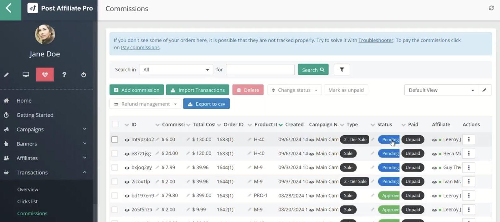 Post Affiliate Pro dashboard