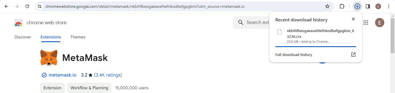 Image showing MetaMask installation process on Chrome.
