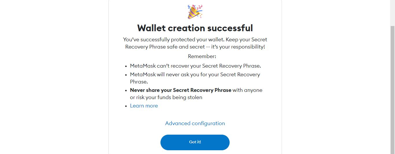 MetaMask wallet successfully imported.