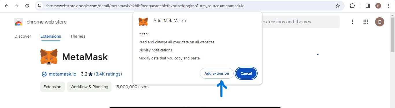 Image showing how to add MetaMask extension to Chrome browser.