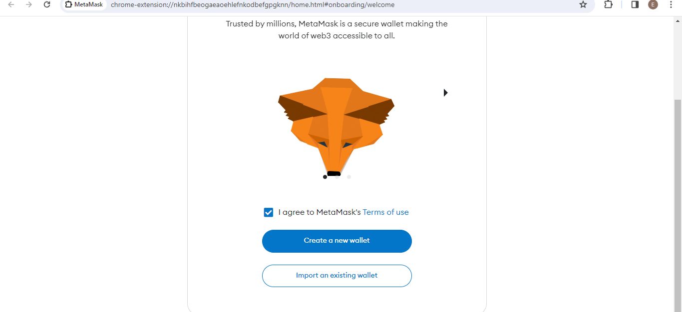 Image showing new tab to set up your MetaMask wallet.