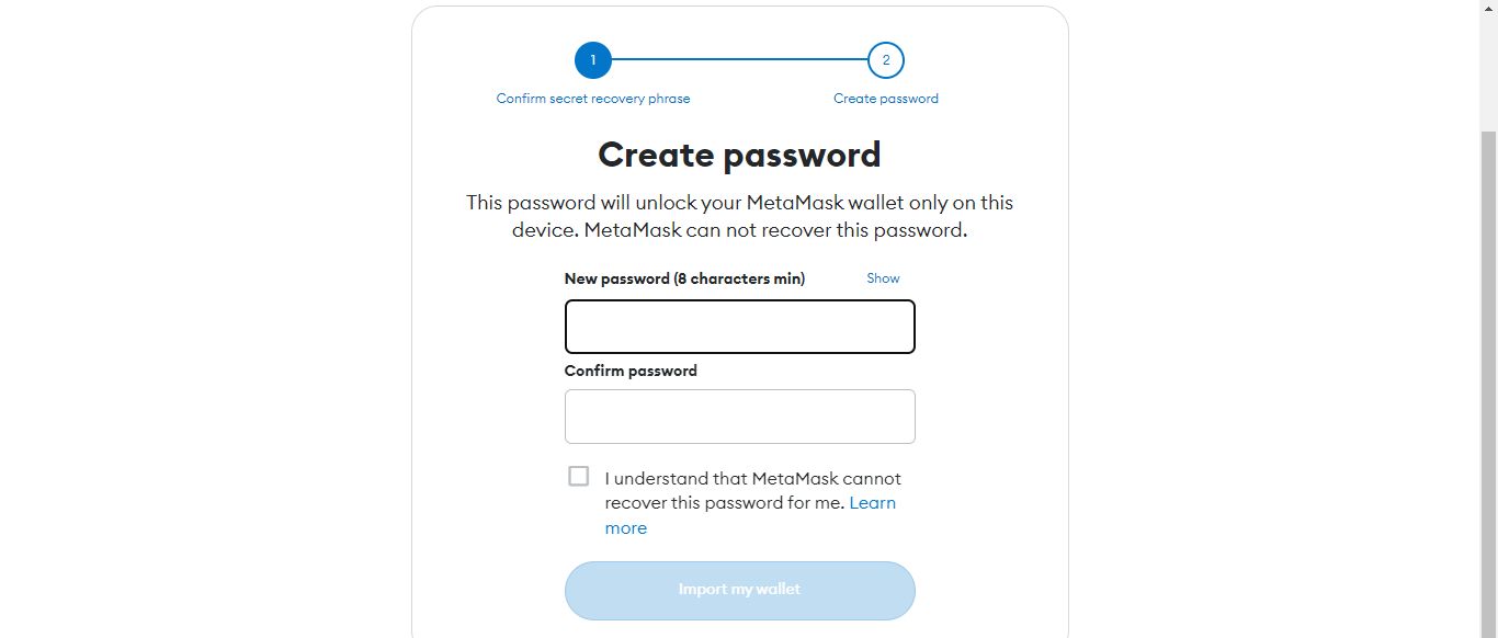 Create password for MetaMask wallet.