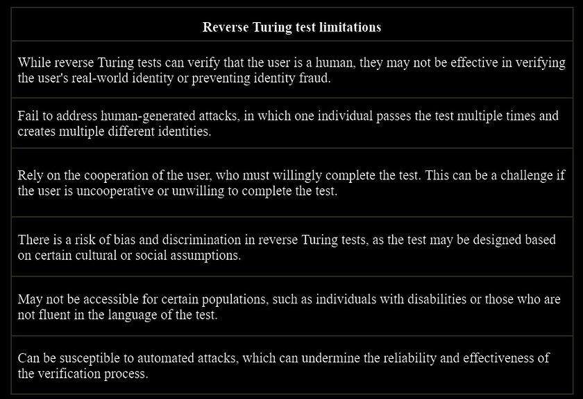 Table 8. Reverse Turing test limitations.