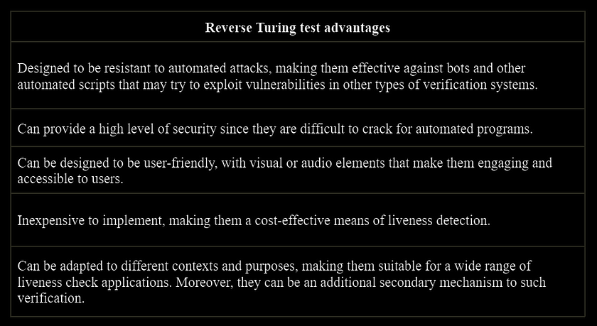 Table 7. Reverse Turing test advantages.