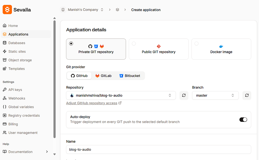 Sevalla Create Application