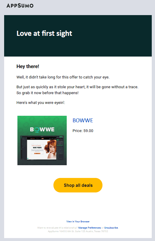 Информационное письмо от AppSumo, напоминающее пользователям об окончании кампании BOWWE