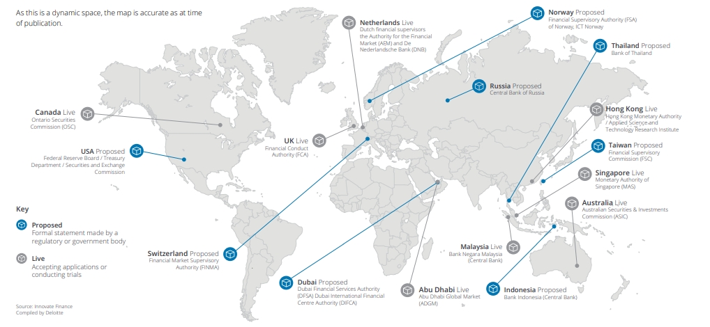 Map of FinTech regulatory sandboxes in 2017 by Deloitte