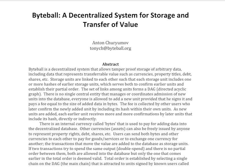 Obyte (formerly Byteball) whitepaper glimpse. A legitimate whitepaper often starts with an Abstract, without flashy colors or promises.