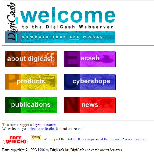 Digicash and Ecash website in 1997, recovered from the Internet Archive