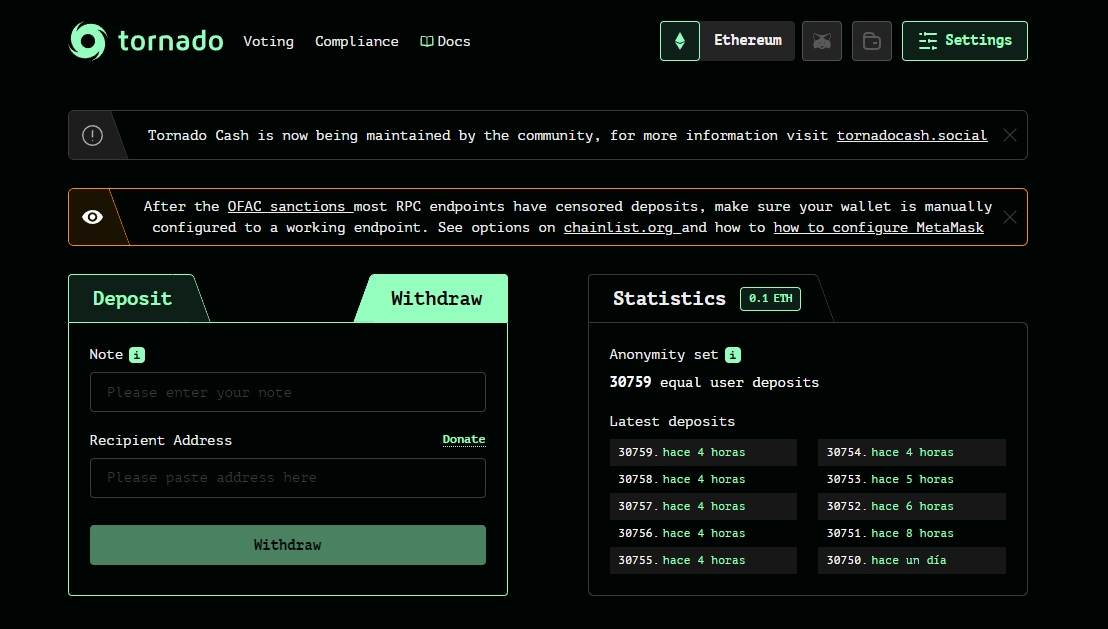 Tornado Cash IPFS website