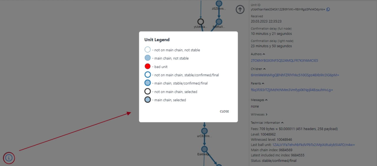 Obyte Explorer Unit (transaction) Legend with Transaction Status