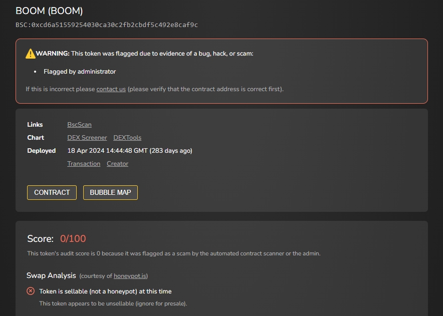 Scam Token BOOM analyzed on Token Sniffer