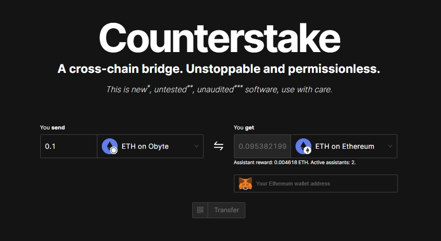 Counterstake in Obyte is a cross-chain bridge