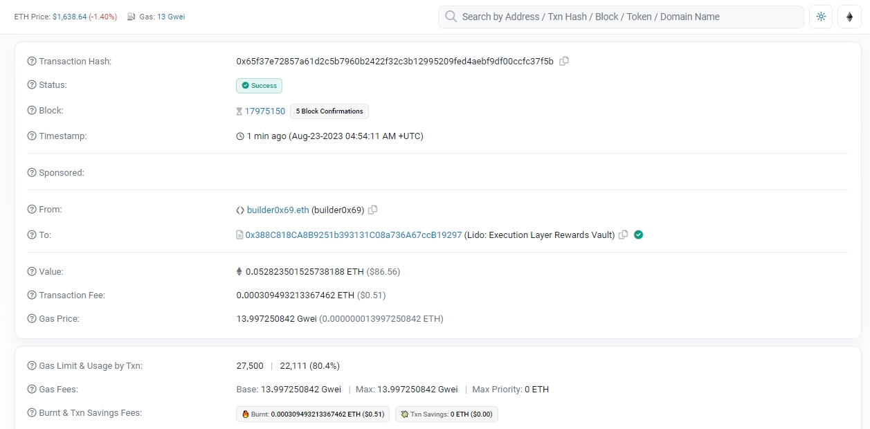 Transaction details for an address on Etherscan