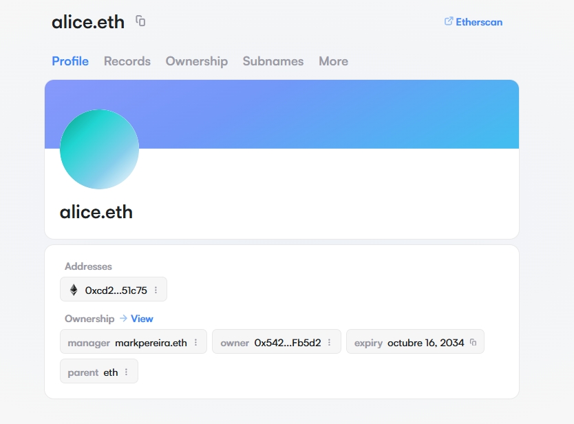 Domain Alice.eth on the Ethereum Name Service