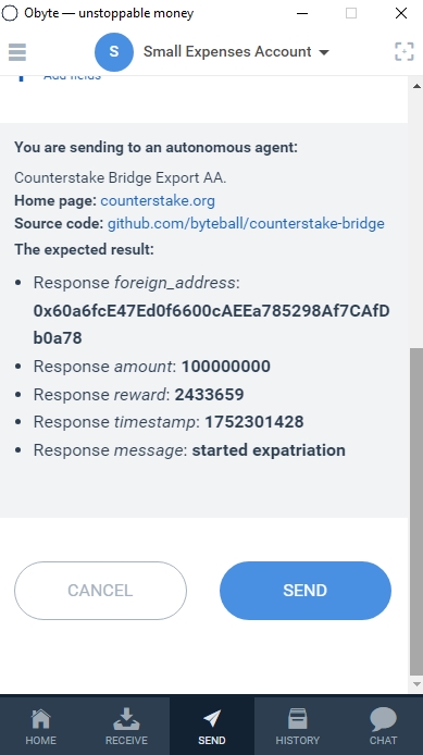 Preview of a transaction result in the Obyte wallet