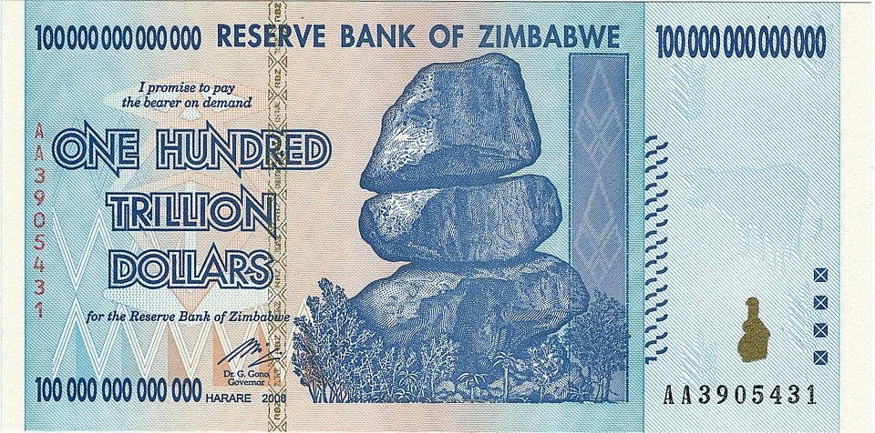 Zimbabwean one hundred trillion dollar note from 2009. It's demonetized today.