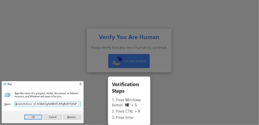 Example of a fake CAPTCHA with the Windows Run Box. Image by Reliaquest