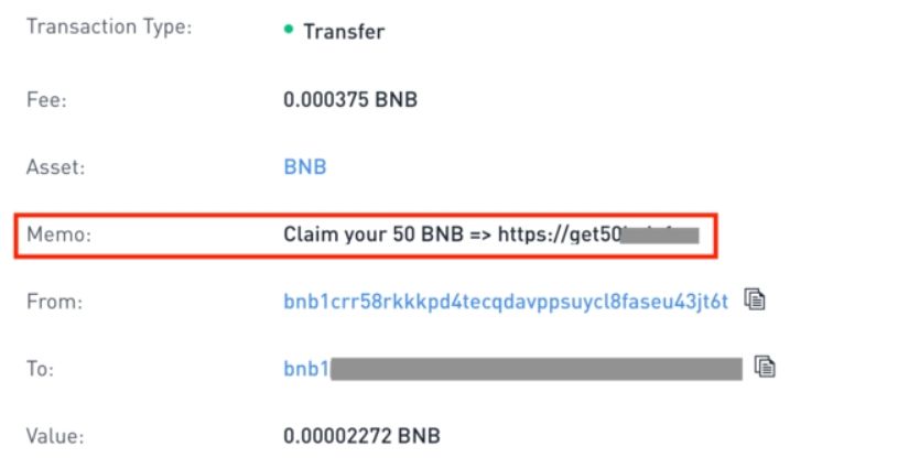 Example of a dusting attack on BNB. Image via Binance Academy