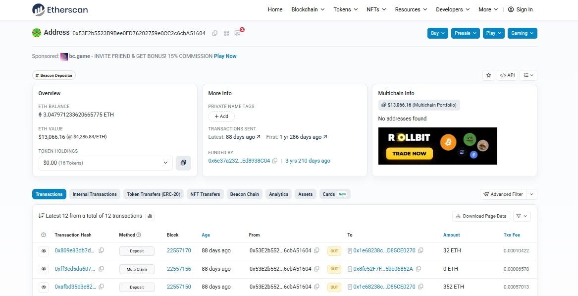 Etherscan에 있는 단일 주소의 전체 거래 내역