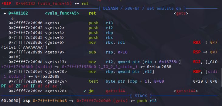 Another pwndbg screenshot showing the vulnerable function returning to the gets function.