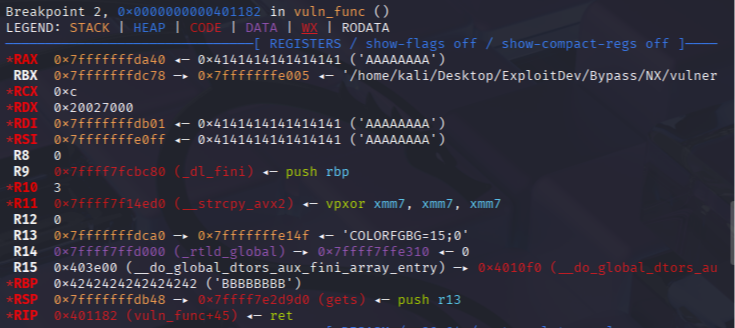 A pwndbg screenshot with registers information, breakpoint at the vulnerable function last return instruction.