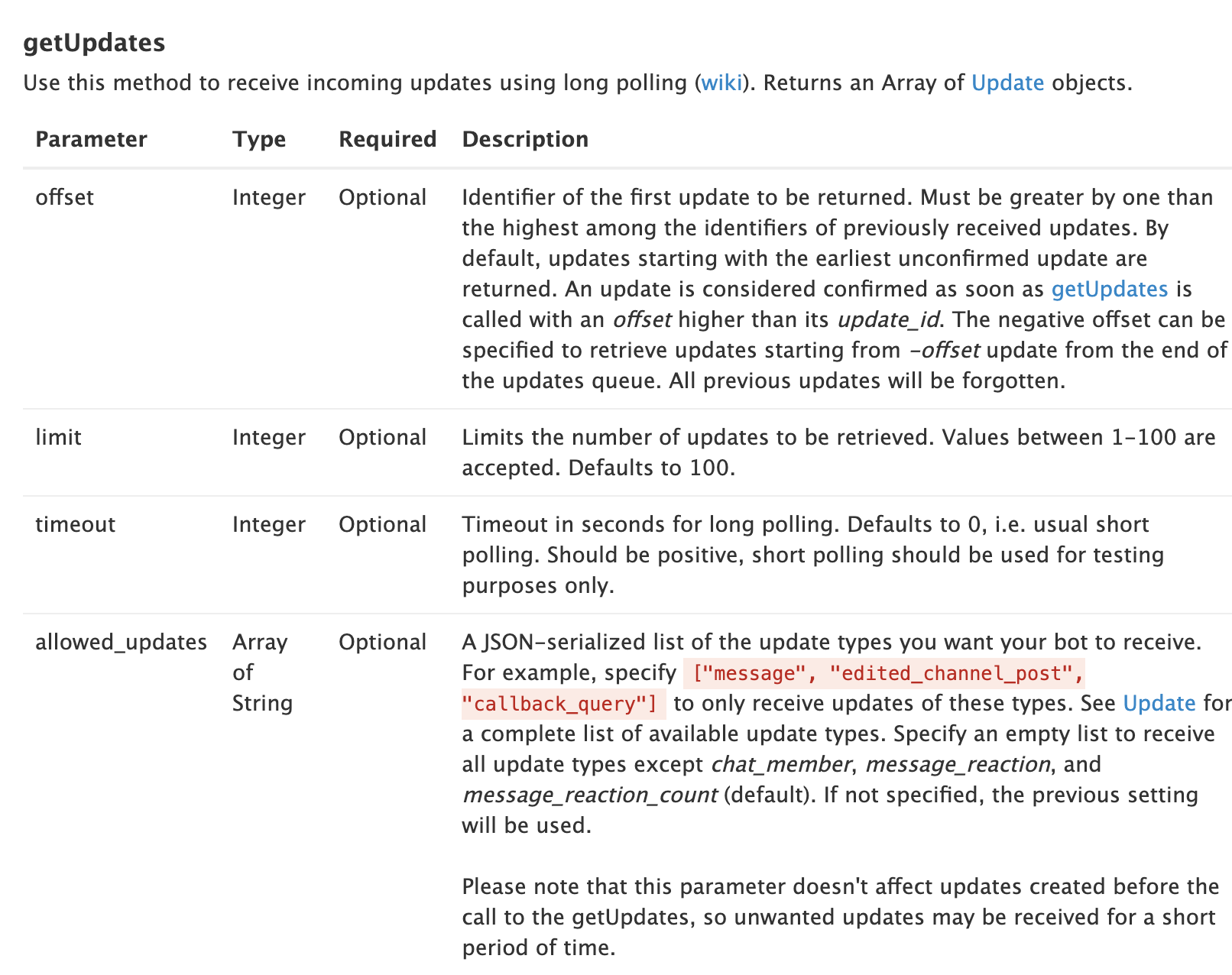 getUpdates telegram method