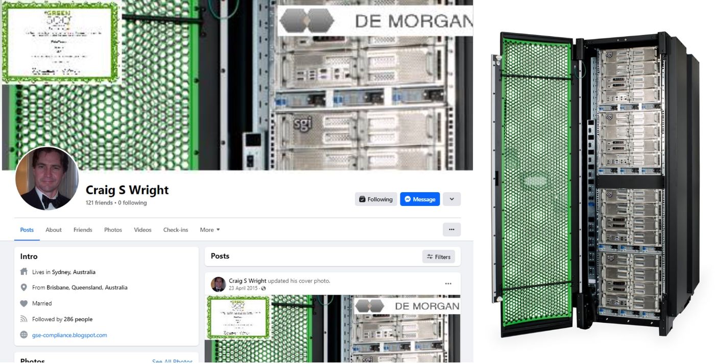 Craig Wright’s Facebook profile (left) contained an SGI image (note the ‘sgi’ watermark) that he found in an article about supercomputers on The Register website (right).