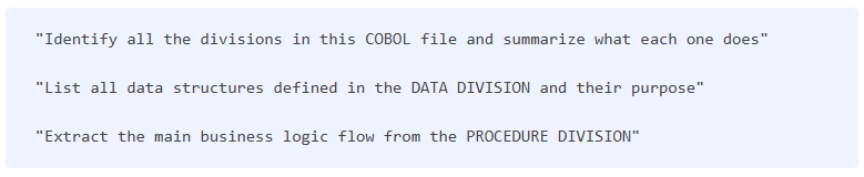 Prompts for asking AI to map COBOL divisions. 