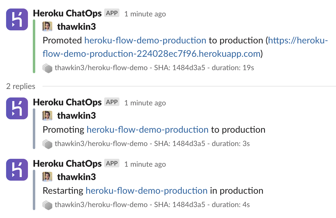 Slack messages sent when promoting to production