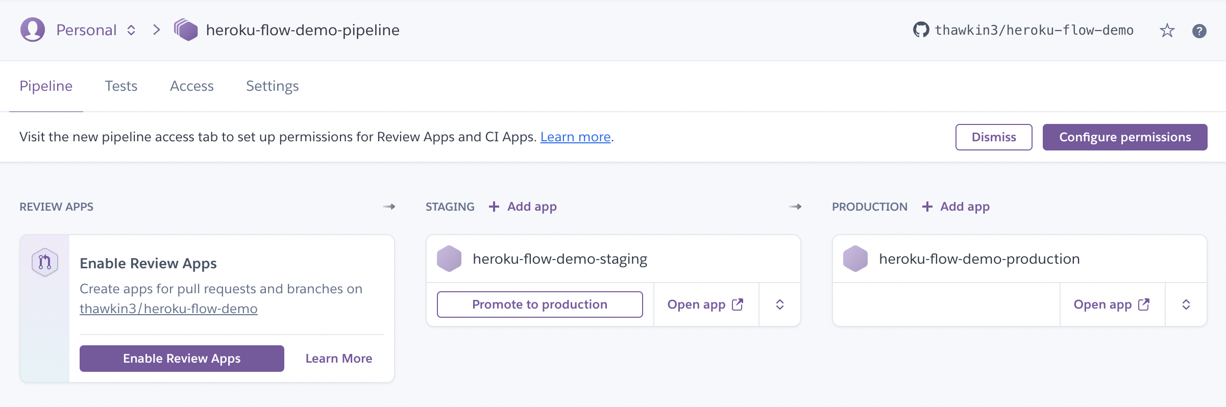Heroku pipeline with a staging app and a production app