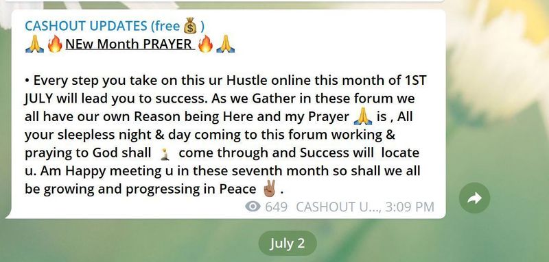 VerifiedFraud’s prayer for his followers wishing them luck scamming the U.S. government in July. Credit: ProPublica screengrab from Telegram