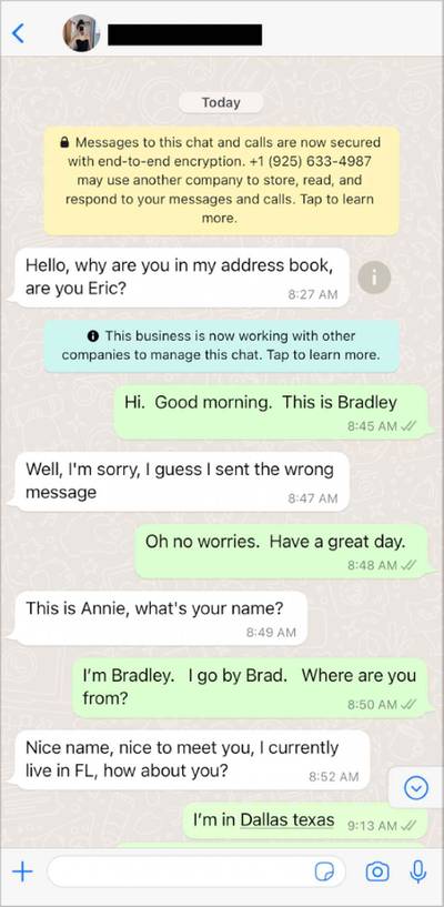 Fraudsters often initiate conversations on WhatsApp using wrong number-type messages. Credit: Screenshot provided to ProPublica by the Global Anti-Scam Organization
