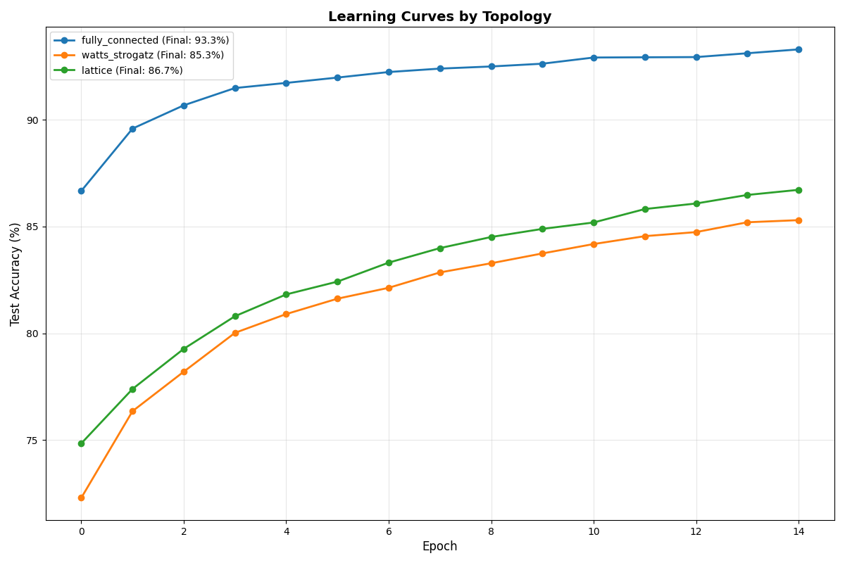 Accuracy of different network topologies on MNIST over time
