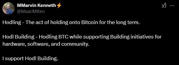 Tweet from @MaaliMKen on X about hodling Bitcoin while building it.