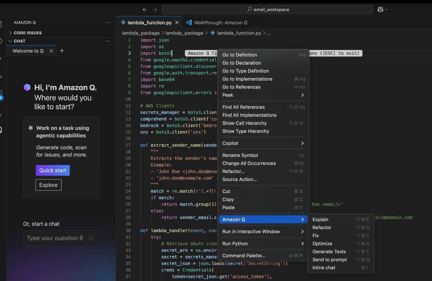 Requesting AmazonQ to explain the code