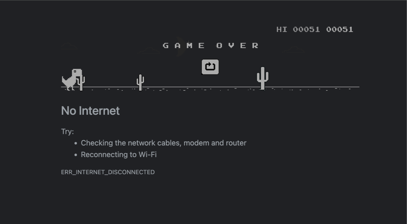 Screenshot of Google Chrome in offline mode