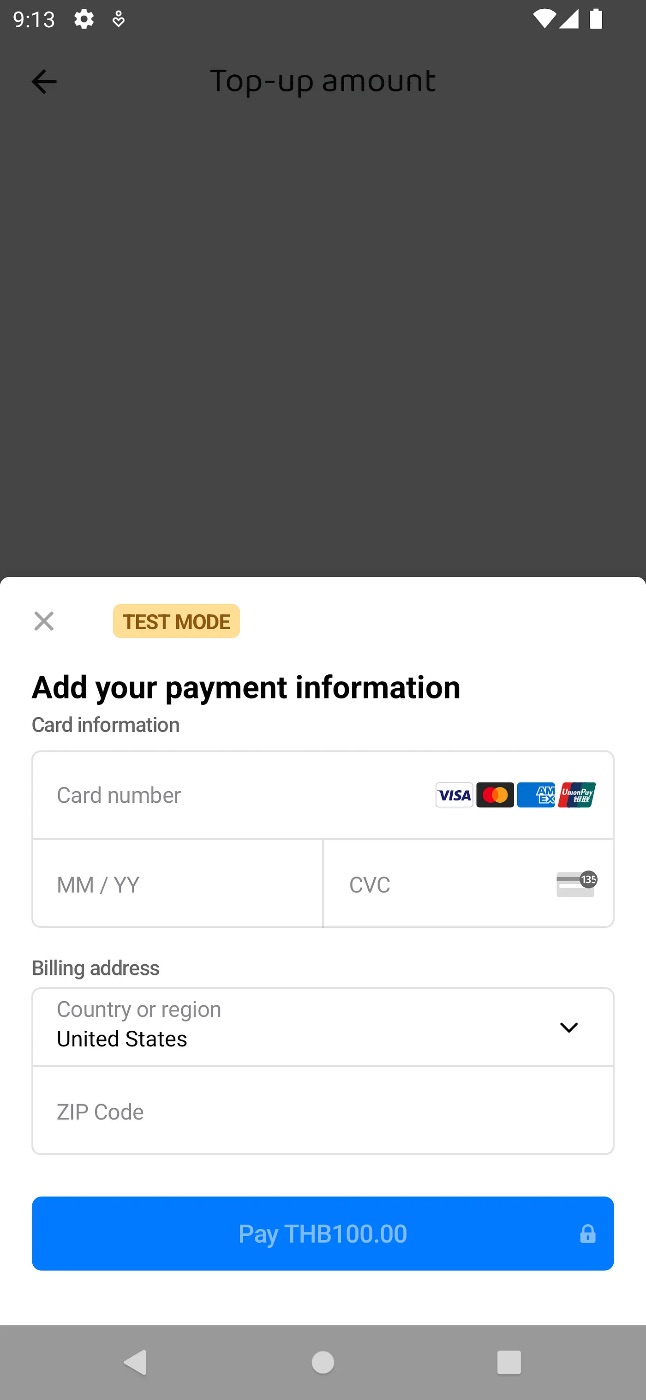 Stripe’s card credential form (TEST mode)